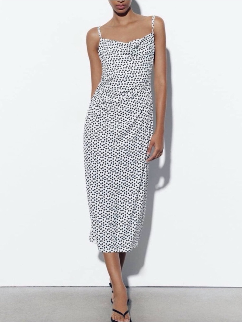 Zara Polka Dot Midi Dress Size L | Stretch Knit Cowl Neck Dress